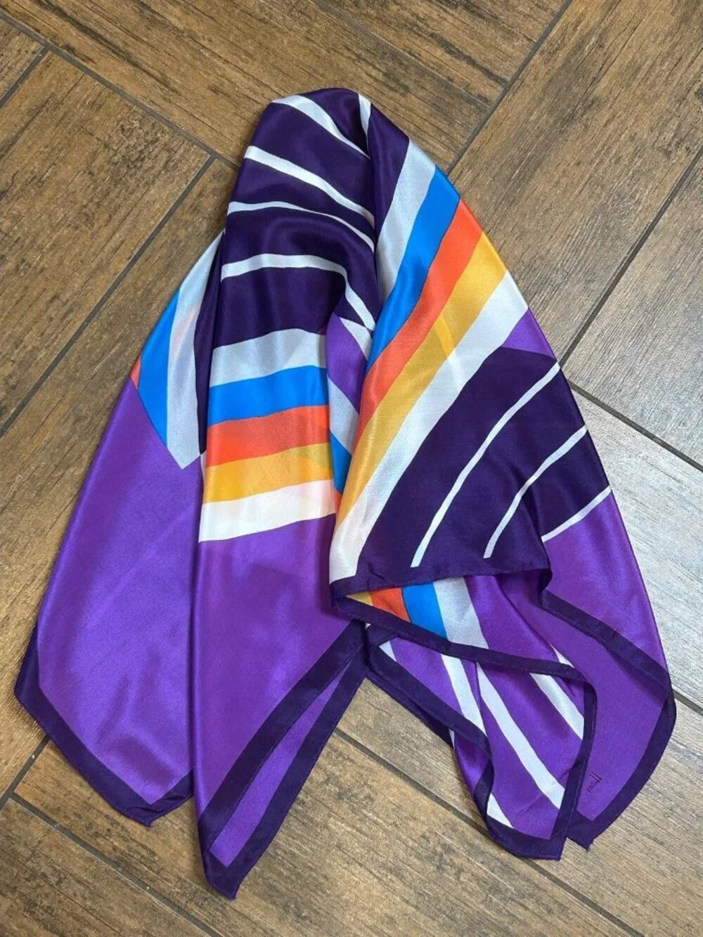 Honey Vintage Scarf 100% Silk Purple Geometric Stripes 30” Square